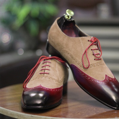 Men's bespoke handmade camel and brugundy color lace up wing tip style leather suede classic shoes