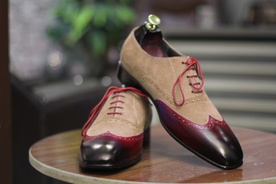 Men's Bespoke Handmade Camel and Brugundy Color Lace Up Wing Tip Style Leather Suede Classic Shoes