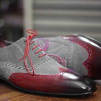 Men's Bespoke Handmade Camel and Brugundy Color Lace Up Wing Tip Style Leather Suede Classic Shoes - Thumbnail 3
