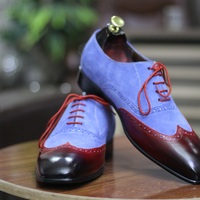 Men's Bespoke Handmade Camel and Brugundy Color Lace Up Wing Tip Style Leather Suede Classic Shoes - Thumbnail 2