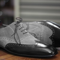 Men's Bespoke Handmade Camel and Brugundy Color Lace Up Wing Tip Style Leather Suede Classic Shoes - Thumbnail 4