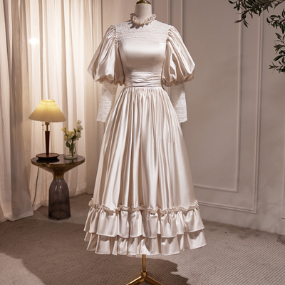 Champagne satin lace long sleeve prom dress - Thumbnail 2