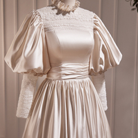 Champagne Satin Lace Long Sleeve Prom Dress - Thumbnail 1