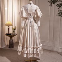 Champagne Satin Lace Long Sleeve Prom Dress - Thumbnail 3