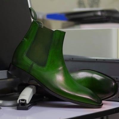 Men's bespoke new fashion green colour chelsea style genuine handmade leather ankle boots - Thumbnail 1