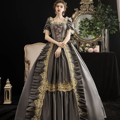 Gray satin lace long ball gown