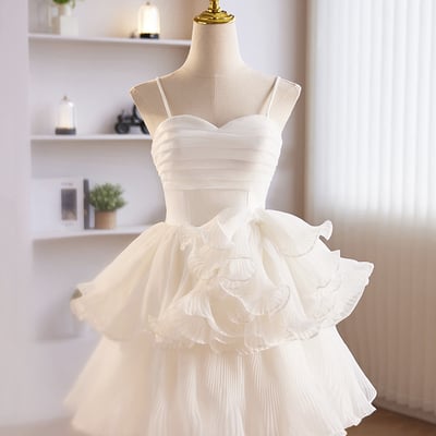 White spaghetti strap tulle party dress, cute a-line knee length prom dress