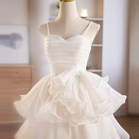 White Spaghetti Strap Tulle Party Dress, Cute A-Line Knee Length Prom Dress - Thumbnail 1