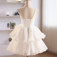 White Spaghetti Strap Tulle Party Dress, Cute A-Line Knee Length Prom Dress - Thumbnail 2