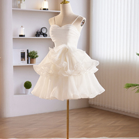 White Spaghetti Strap Tulle Party Dress, Cute A-Line Knee Length Prom Dress - Thumbnail 4