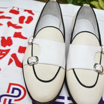 Handmade white double monk strap loafers shoes for men