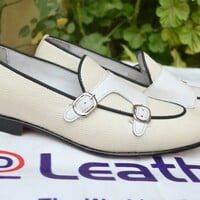 Handmade White Double Monk Strap Loafers Shoes For Men - Thumbnail 1