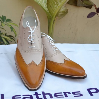 Bespoke handmade classic men brown beige leather wingtip oxford dress shoes - Thumbnail 4