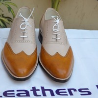 Bespoke Handmade Classic Men Brown Beige Leather Wingtip Oxford Dress Shoes - Thumbnail 1