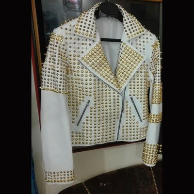  women white quilted golden studded genuine leather jacket - Thumbnail 5