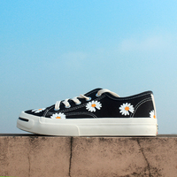 Summer low-top canvas shoes black all-match daisy graffiti hand-painted sun flower lace-up sneakers - Thumbnail 2