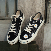 Summer low-top canvas shoes black all-match daisy graffiti hand-painted sun flower lace-up sneakers - Thumbnail 1
