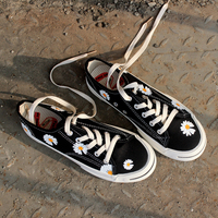 Summer low-top canvas shoes black all-match daisy graffiti hand-painted sun flower lace-up sneakers - Thumbnail 3