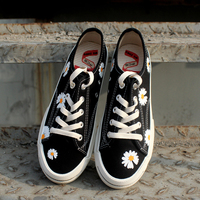 Summer low-top canvas shoes black all-match daisy graffiti hand-painted sun flower lace-up sneakers - Thumbnail 5