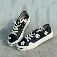 Summer low-top canvas shoes black all-match daisy graffiti hand-painted sun flower lace-up sneakers - Thumbnail 7