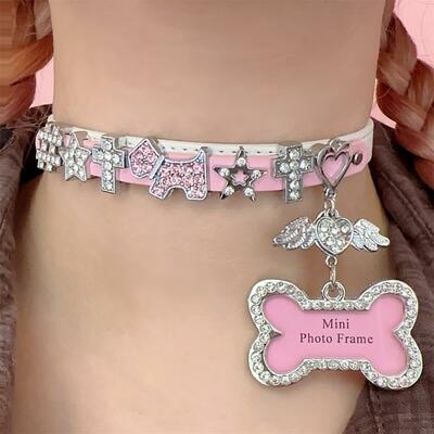 Y2K Harajuku PU Pink Leather Star Bone Collar Choker Necklace