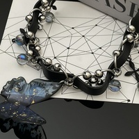 Blue Butterfly Pendant Black PU Leather Choker Necklace - Thumbnail 2