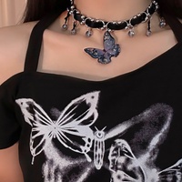 Blue Butterfly Pendant Black PU Leather Choker Necklace - Thumbnail 3