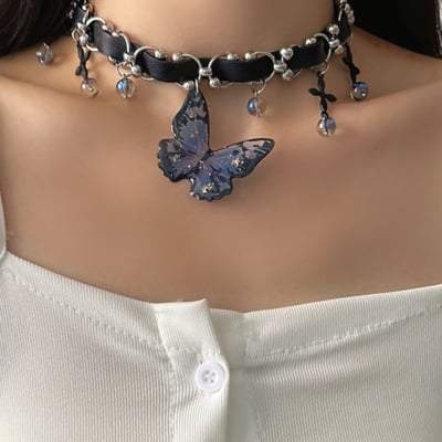 Blue butterfly pendant black pu leather choker necklace