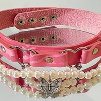 Butterfly Pearl Pink PU Leather Choker Necklace - Thumbnail 1