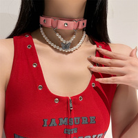 Butterfly Pearl Pink PU Leather Choker Necklace - Thumbnail 2