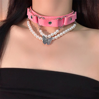 Butterfly Pearl Pink PU Leather Choker Necklace - Thumbnail 4