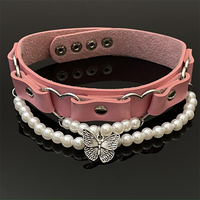 Butterfly Pearl Pink PU Leather Choker Necklace - Thumbnail 5