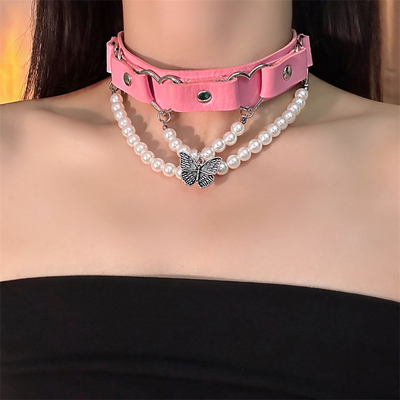 Butterfly pearl pink pu leather choker necklace