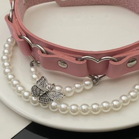 Butterfly Pearl Pink PU Leather Choker Necklace - Thumbnail 8