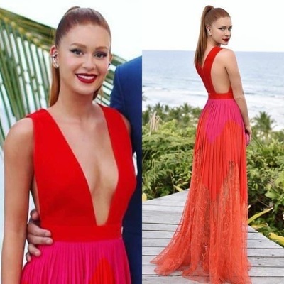 Deep v neck prom dresses with lace floor length - Thumbnail 1