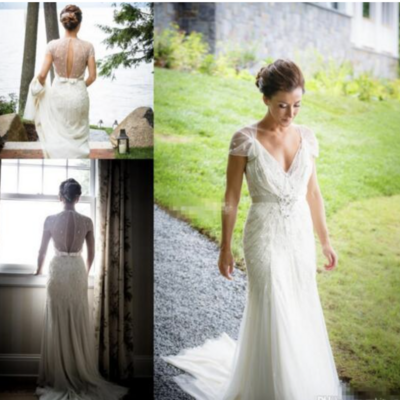 V neck wedding dresses bridal gown with lace - Thumbnail 2