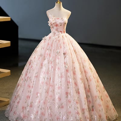 Beautiful strapless tulle flower long pink ball gown - Thumbnail 1