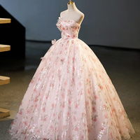 Beautiful Strapless Tulle Flower Long Pink Ball Gown - Thumbnail 1