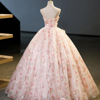 Beautiful Strapless Tulle Flower Long Pink Ball Gown - Thumbnail 2