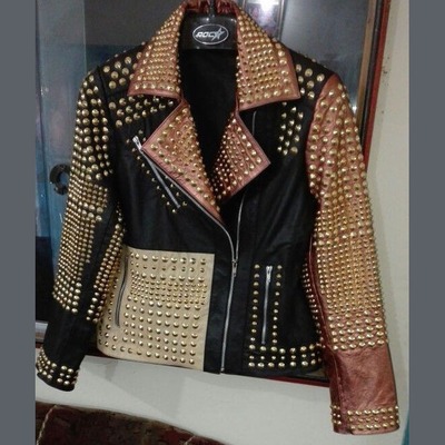 New woman motorcycle fashion golden full studded leather jacket - Thumbnail 5