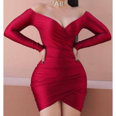V-neck red solid color long sleeve wrap up dress