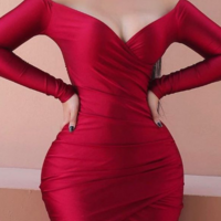 V-Neck Red Solid Color Long Sleeve Wrap Up Dress - Thumbnail 1