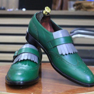 Men's designer fringe buckle monk leather loafer slip on moccasin wing tip brogue toe shoes - Thumbnail 4