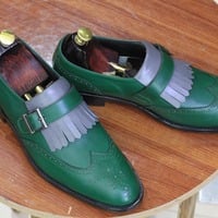 Men's Designer Fringe Buckle Monk Leather Loafer Slip On Moccasin Wing Tip Brogue Toe Shoes - Thumbnail 1