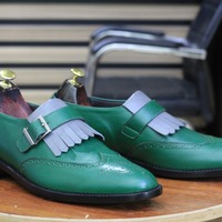 Men's Designer Fringe Buckle Monk Leather Loafer Slip On Moccasin Wing Tip Brogue Toe Shoes - Thumbnail 2