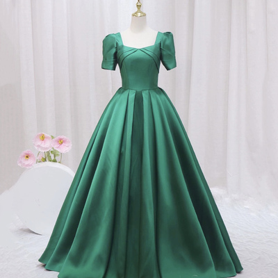 Green satin short sleeve long formal dress, simple green a-line prom dress - Thumbnail 2