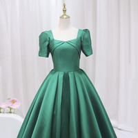 Green Satin Short Sleeve Long Formal Dress, Simple Green A-Line Prom Dress - Thumbnail 1