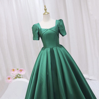 Green Satin Short Sleeve Long Formal Dress, Simple Green A-Line Prom Dress - Thumbnail 2