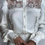 White High Collar Lace Stitching Long Sleeved Shirt-1