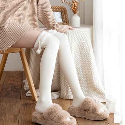 Warm fleece pom-pom knee high socks